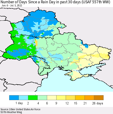 Ukraine, Moldova and Belarus Number of Days Since a Rain Day in past 30 days (USAF 557th WW) Thematic Map For 7/1/2022 - 7/5/2022