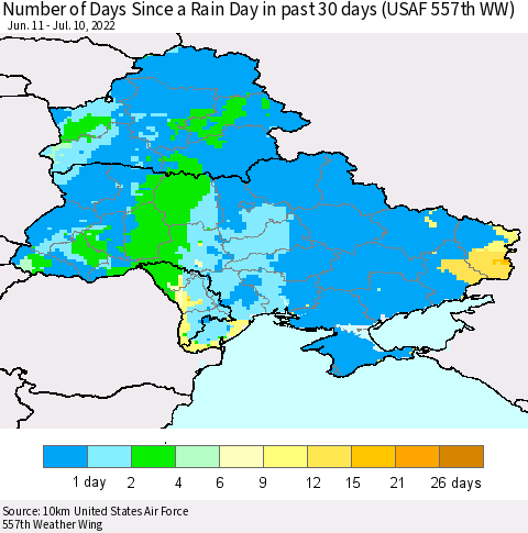 Ukraine, Moldova and Belarus Number of Days Since a Rain Day in past 30 days (USAF 557th WW) Thematic Map For 7/6/2022 - 7/10/2022