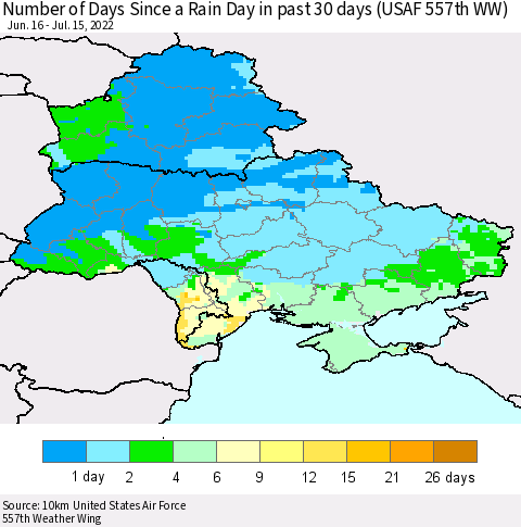Ukraine, Moldova and Belarus Number of Days Since a Rain Day in past 30 days (USAF 557th WW) Thematic Map For 7/11/2022 - 7/15/2022