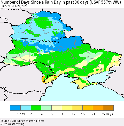 Ukraine, Moldova and Belarus Number of Days Since a Rain Day in past 30 days (USAF 557th WW) Thematic Map For 7/16/2022 - 7/20/2022