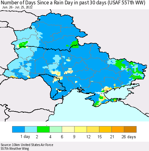 Ukraine, Moldova and Belarus Number of Days Since a Rain Day in past 30 days (USAF 557th WW) Thematic Map For 7/21/2022 - 7/25/2022