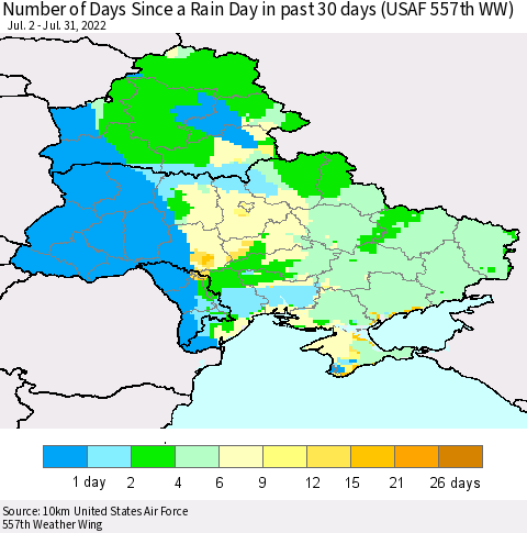 Ukraine, Moldova and Belarus Number of Days Since a Rain Day in past 30 days (USAF 557th WW) Thematic Map For 7/26/2022 - 7/31/2022