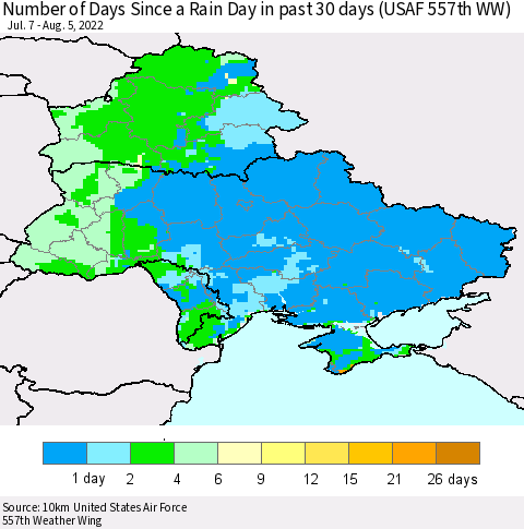 Ukraine, Moldova and Belarus Number of Days Since a Rain Day in past 30 days (USAF 557th WW) Thematic Map For 8/1/2022 - 8/5/2022