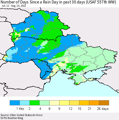 Ukraine, Moldova and Belarus Number of Days Since a Rain Day in past 30 days (USAF 557th WW) Thematic Map For 8/6/2022 - 8/10/2022