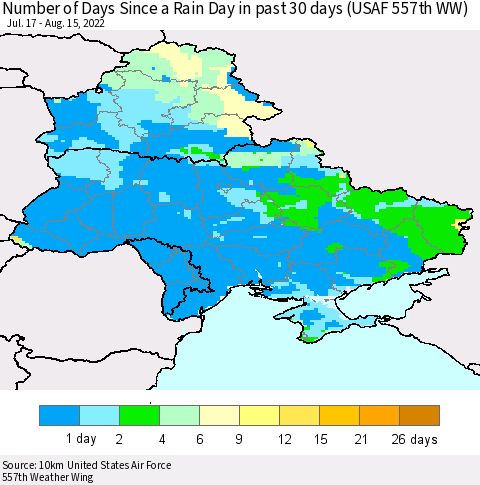 Ukraine, Moldova and Belarus Number of Days Since a Rain Day in past 30 days (USAF 557th WW) Thematic Map For 8/11/2022 - 8/15/2022
