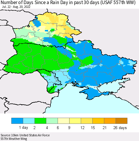 Ukraine, Moldova and Belarus Number of Days Since a Rain Day in past 30 days (USAF 557th WW) Thematic Map For 8/16/2022 - 8/20/2022
