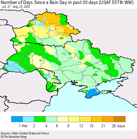Ukraine, Moldova and Belarus Number of Days Since a Rain Day in past 30 days (USAF 557th WW) Thematic Map For 8/21/2022 - 8/25/2022