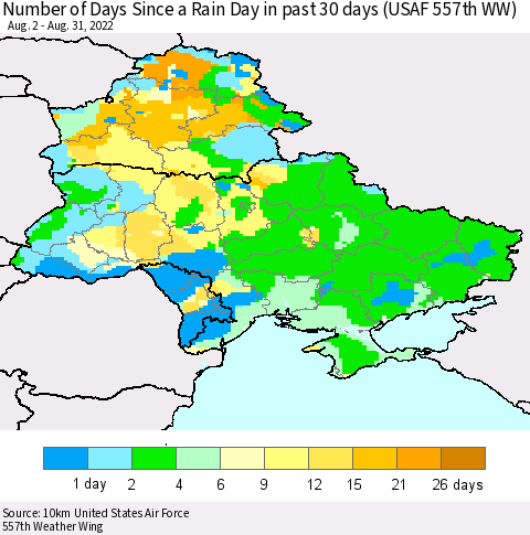 Ukraine, Moldova and Belarus Number of Days Since a Rain Day in past 30 days (USAF 557th WW) Thematic Map For 8/26/2022 - 8/31/2022