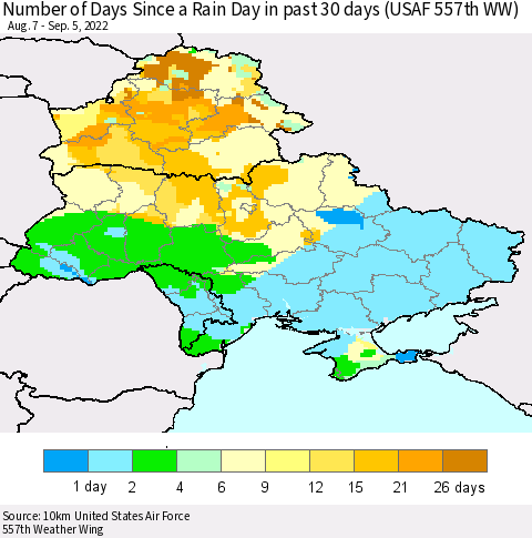 Ukraine, Moldova and Belarus Number of Days Since a Rain Day in past 30 days (USAF 557th WW) Thematic Map For 9/1/2022 - 9/5/2022