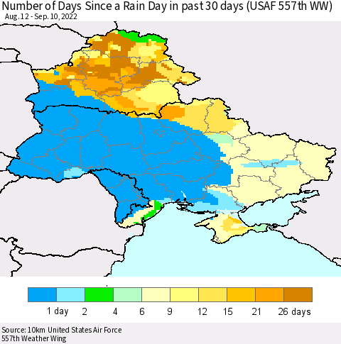 Ukraine, Moldova and Belarus Number of Days Since a Rain Day in past 30 days (USAF 557th WW) Thematic Map For 9/6/2022 - 9/10/2022