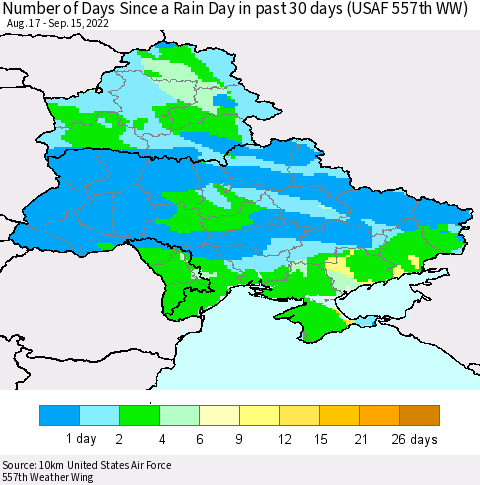 Ukraine, Moldova and Belarus Number of Days Since a Rain Day in past 30 days (USAF 557th WW) Thematic Map For 9/11/2022 - 9/15/2022