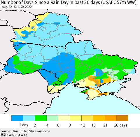 Ukraine, Moldova and Belarus Number of Days Since a Rain Day in past 30 days (USAF 557th WW) Thematic Map For 9/16/2022 - 9/20/2022