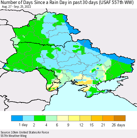 Ukraine, Moldova and Belarus Number of Days Since a Rain Day in past 30 days (USAF 557th WW) Thematic Map For 9/21/2022 - 9/25/2022
