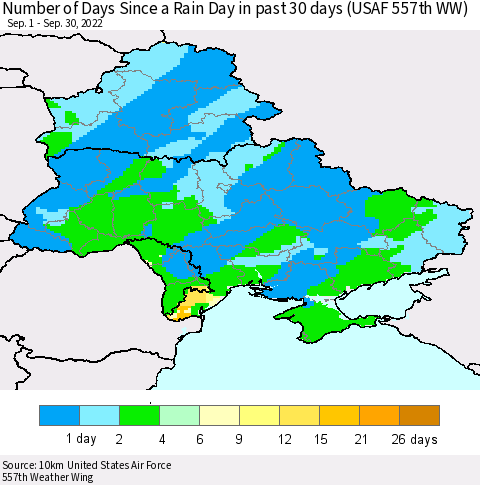 Ukraine, Moldova and Belarus Number of Days Since a Rain Day in past 30 days (USAF 557th WW) Thematic Map For 9/26/2022 - 9/30/2022