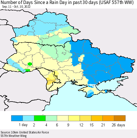 Ukraine, Moldova and Belarus Number of Days Since a Rain Day in past 30 days (USAF 557th WW) Thematic Map For 10/6/2022 - 10/10/2022