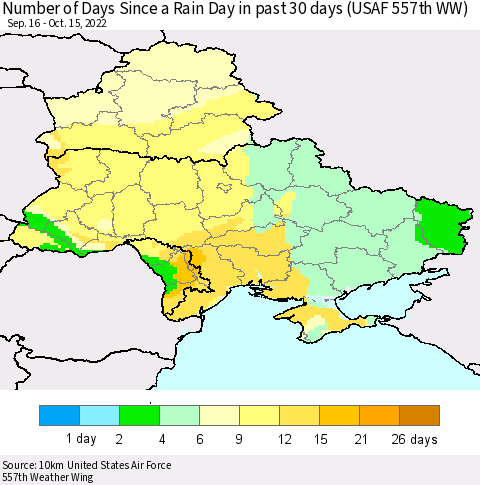 Ukraine, Moldova and Belarus Number of Days Since a Rain Day in past 30 days (USAF 557th WW) Thematic Map For 10/11/2022 - 10/15/2022