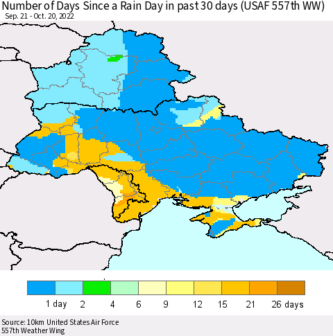 Ukraine, Moldova and Belarus Number of Days Since a Rain Day in past 30 days (USAF 557th WW) Thematic Map For 10/16/2022 - 10/20/2022