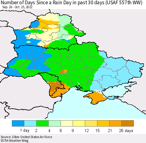 Ukraine, Moldova and Belarus Number of Days Since a Rain Day in past 30 days (USAF 557th WW) Thematic Map For 10/21/2022 - 10/25/2022