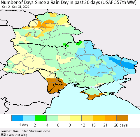 Ukraine, Moldova and Belarus Number of Days Since a Rain Day in past 30 days (USAF 557th WW) Thematic Map For 10/26/2022 - 10/31/2022