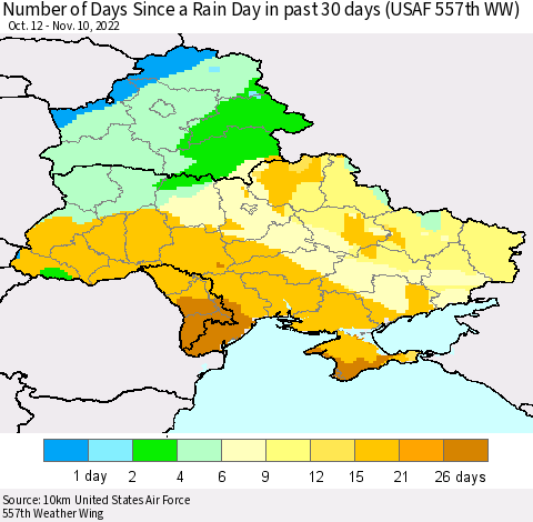 Ukraine, Moldova and Belarus Number of Days Since a Rain Day in past 30 days (USAF 557th WW) Thematic Map For 11/6/2022 - 11/10/2022