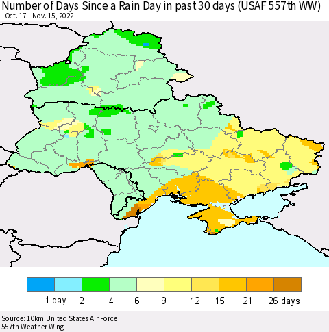 Ukraine, Moldova and Belarus Number of Days Since a Rain Day in past 30 days (USAF 557th WW) Thematic Map For 11/11/2022 - 11/15/2022