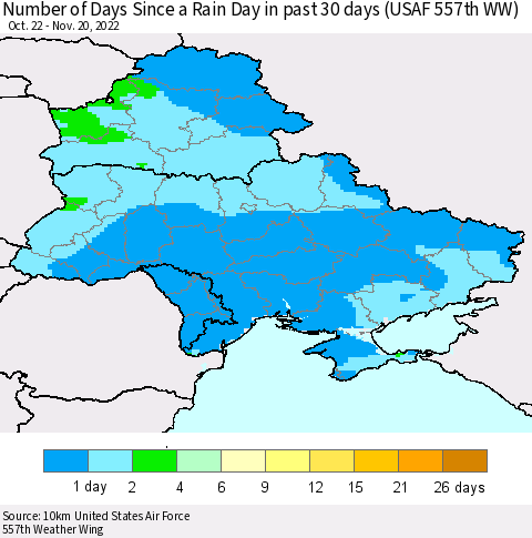 Ukraine, Moldova and Belarus Number of Days Since a Rain Day in past 30 days (USAF 557th WW) Thematic Map For 11/16/2022 - 11/20/2022