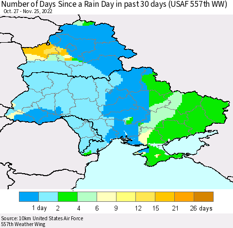 Ukraine, Moldova and Belarus Number of Days Since a Rain Day in past 30 days (USAF 557th WW) Thematic Map For 11/21/2022 - 11/25/2022
