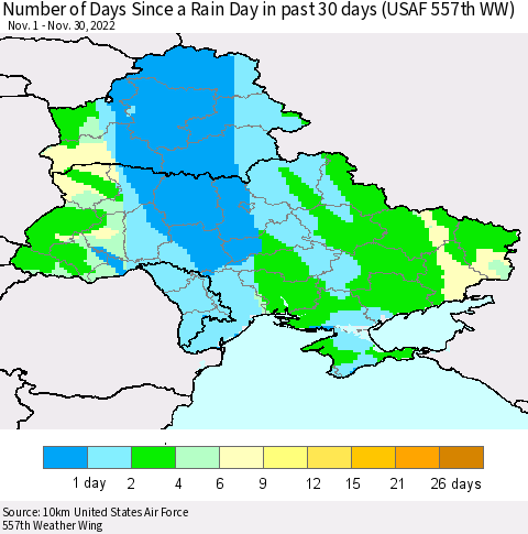 Ukraine, Moldova and Belarus Number of Days Since a Rain Day in past 30 days (USAF 557th WW) Thematic Map For 11/26/2022 - 11/30/2022