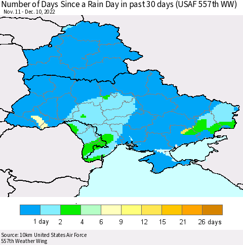 Ukraine, Moldova and Belarus Number of Days Since a Rain Day in past 30 days (USAF 557th WW) Thematic Map For 12/6/2022 - 12/10/2022