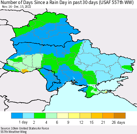 Ukraine, Moldova and Belarus Number of Days Since a Rain Day in past 30 days (USAF 557th WW) Thematic Map For 12/11/2022 - 12/15/2022