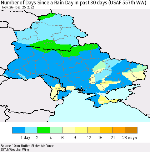 Ukraine, Moldova and Belarus Number of Days Since a Rain Day in past 30 days (USAF 557th WW) Thematic Map For 12/21/2022 - 12/25/2022