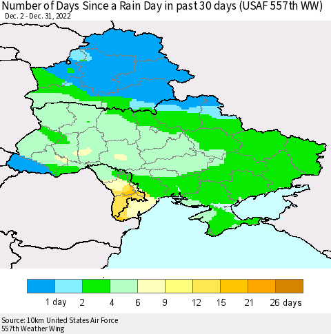 Ukraine, Moldova and Belarus Number of Days Since a Rain Day in past 30 days (USAF 557th WW) Thematic Map For 12/26/2022 - 12/31/2022