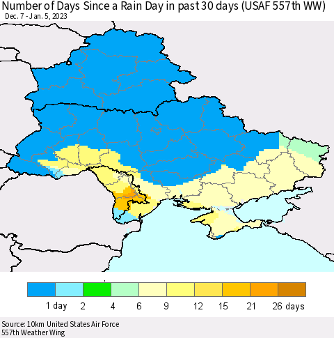 Ukraine, Moldova and Belarus Number of Days Since a Rain Day in past 30 days (USAF 557th WW) Thematic Map For 1/1/2023 - 1/5/2023