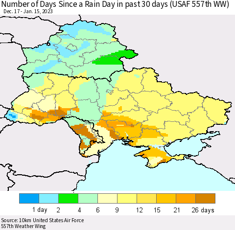 Ukraine, Moldova and Belarus Number of Days Since a Rain Day in past 30 days (USAF 557th WW) Thematic Map For 1/11/2023 - 1/15/2023