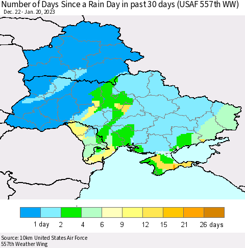 Ukraine, Moldova and Belarus Number of Days Since a Rain Day in past 30 days (USAF 557th WW) Thematic Map For 1/16/2023 - 1/20/2023