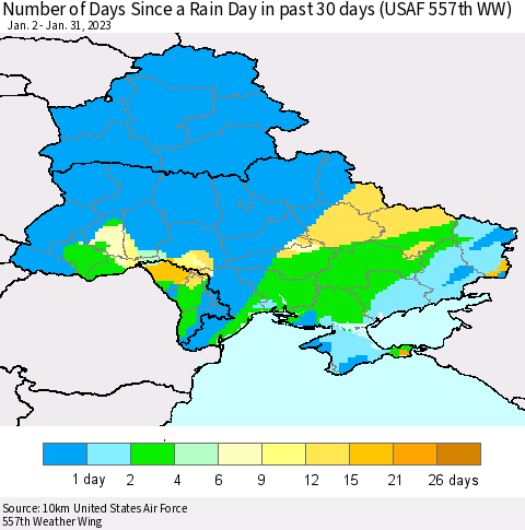Ukraine, Moldova and Belarus Number of Days Since a Rain Day in past 30 days (USAF 557th WW) Thematic Map For 1/26/2023 - 1/31/2023