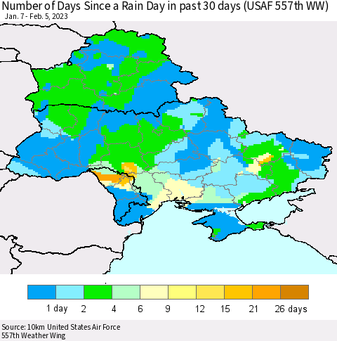 Ukraine, Moldova and Belarus Number of Days Since a Rain Day in past 30 days (USAF 557th WW) Thematic Map For 2/1/2023 - 2/5/2023