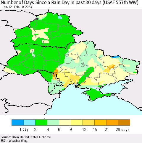 Ukraine, Moldova and Belarus Number of Days Since a Rain Day in past 30 days (USAF 557th WW) Thematic Map For 2/6/2023 - 2/10/2023