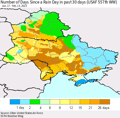 Ukraine, Moldova and Belarus Number of Days Since a Rain Day in past 30 days (USAF 557th WW) Thematic Map For 2/11/2023 - 2/15/2023