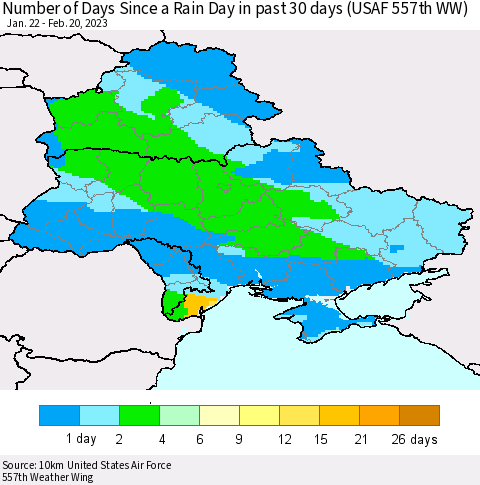 Ukraine, Moldova and Belarus Number of Days Since a Rain Day in past 30 days (USAF 557th WW) Thematic Map For 2/16/2023 - 2/20/2023