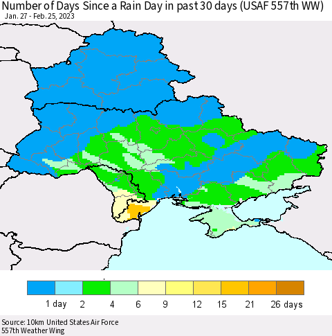 Ukraine, Moldova and Belarus Number of Days Since a Rain Day in past 30 days (USAF 557th WW) Thematic Map For 2/21/2023 - 2/25/2023