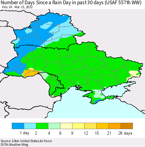Ukraine, Moldova and Belarus Number of Days Since a Rain Day in past 30 days (USAF 557th WW) Thematic Map For 3/11/2023 - 3/15/2023