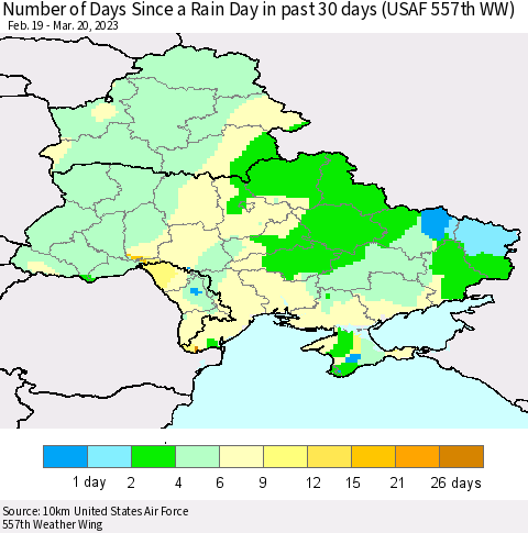 Ukraine, Moldova and Belarus Number of Days Since a Rain Day in past 30 days (USAF 557th WW) Thematic Map For 3/16/2023 - 3/20/2023