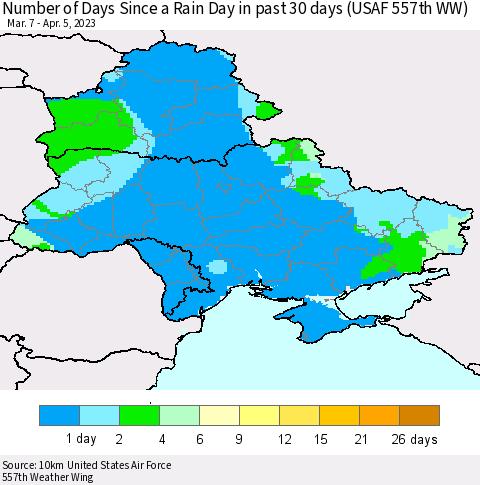 Ukraine, Moldova and Belarus Number of Days Since a Rain Day in past 30 days (USAF 557th WW) Thematic Map For 4/1/2023 - 4/5/2023
