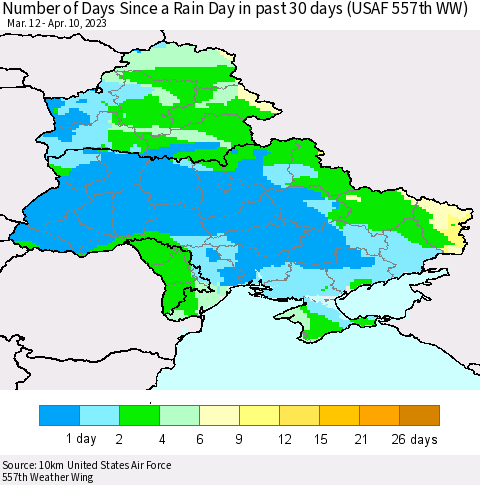 Ukraine, Moldova and Belarus Number of Days Since a Rain Day in past 30 days (USAF 557th WW) Thematic Map For 4/6/2023 - 4/10/2023