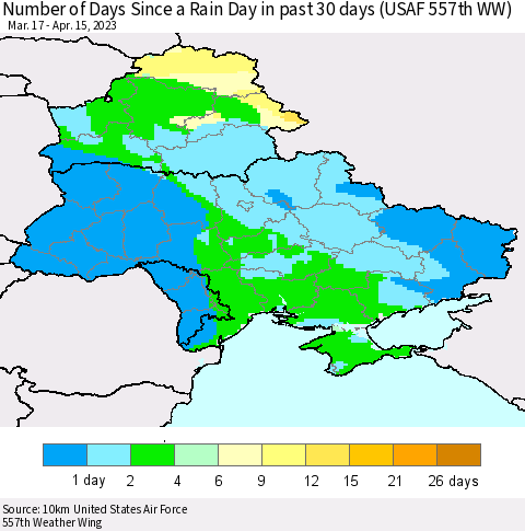 Ukraine, Moldova and Belarus Number of Days Since a Rain Day in past 30 days (USAF 557th WW) Thematic Map For 4/11/2023 - 4/15/2023