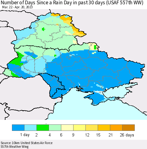 Ukraine, Moldova and Belarus Number of Days Since a Rain Day in past 30 days (USAF 557th WW) Thematic Map For 4/16/2023 - 4/20/2023
