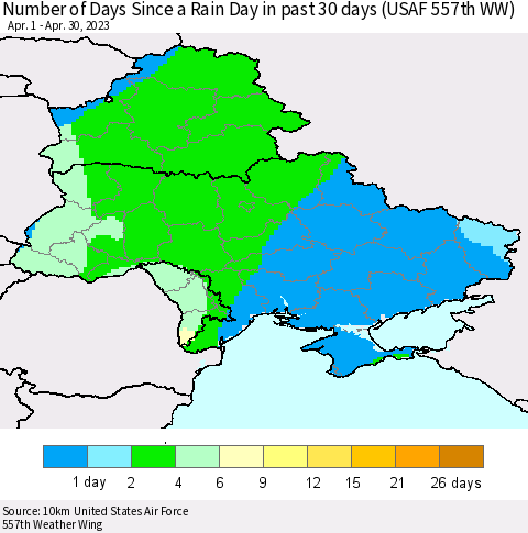 Ukraine, Moldova and Belarus Number of Days Since a Rain Day in past 30 days (USAF 557th WW) Thematic Map For 4/26/2023 - 4/30/2023