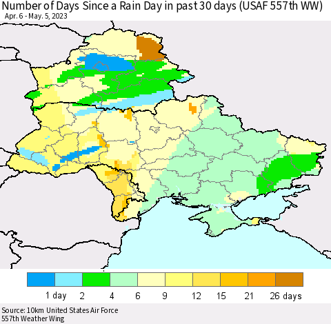 Ukraine, Moldova and Belarus Number of Days Since a Rain Day in past 30 days (USAF 557th WW) Thematic Map For 5/1/2023 - 5/5/2023