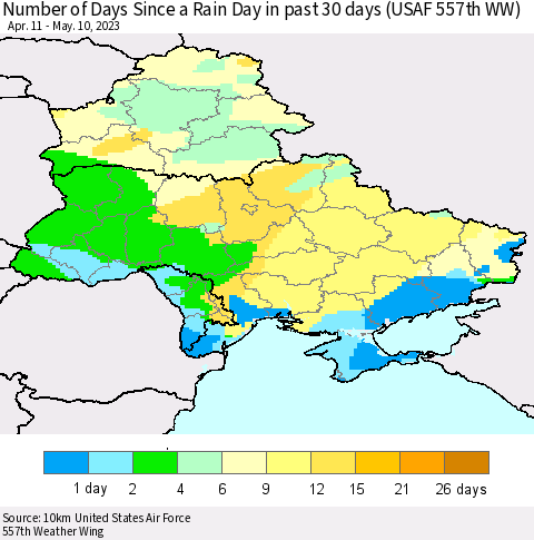 Ukraine, Moldova and Belarus Number of Days Since a Rain Day in past 30 days (USAF 557th WW) Thematic Map For 5/6/2023 - 5/10/2023